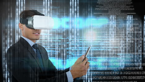 using virtual reality headset and tablet, businessman surrounded by digital data streams