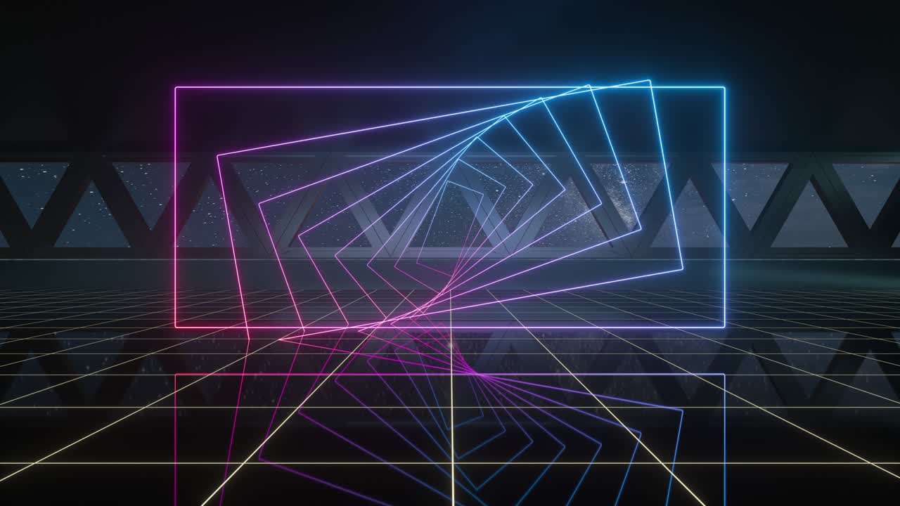 una habitación oscura en el espacio exterior con luces de neón, renderización en 3d.