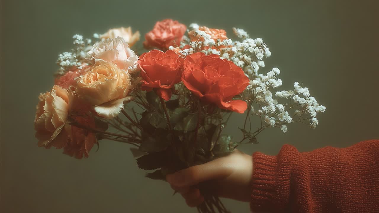 A Vibrant Bouquet of Roses and Baby's Breath: Capturing the Beauty of Nature in a Handheld Display of Fresh Flowers Against a Soft Background