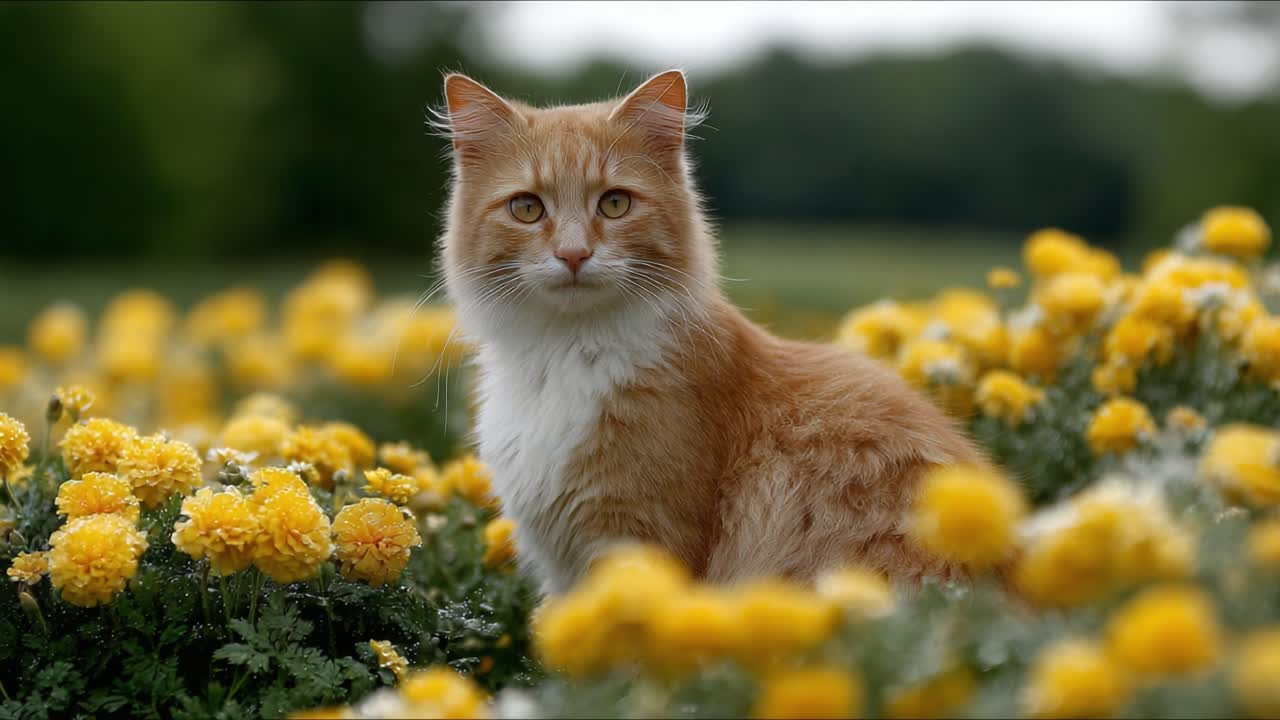 A Majestic Ginger Cat Surrounded by Vibrant Yellow Flowers in a Lush Green Field, Capturing the Essence of Nature and Feline Grace