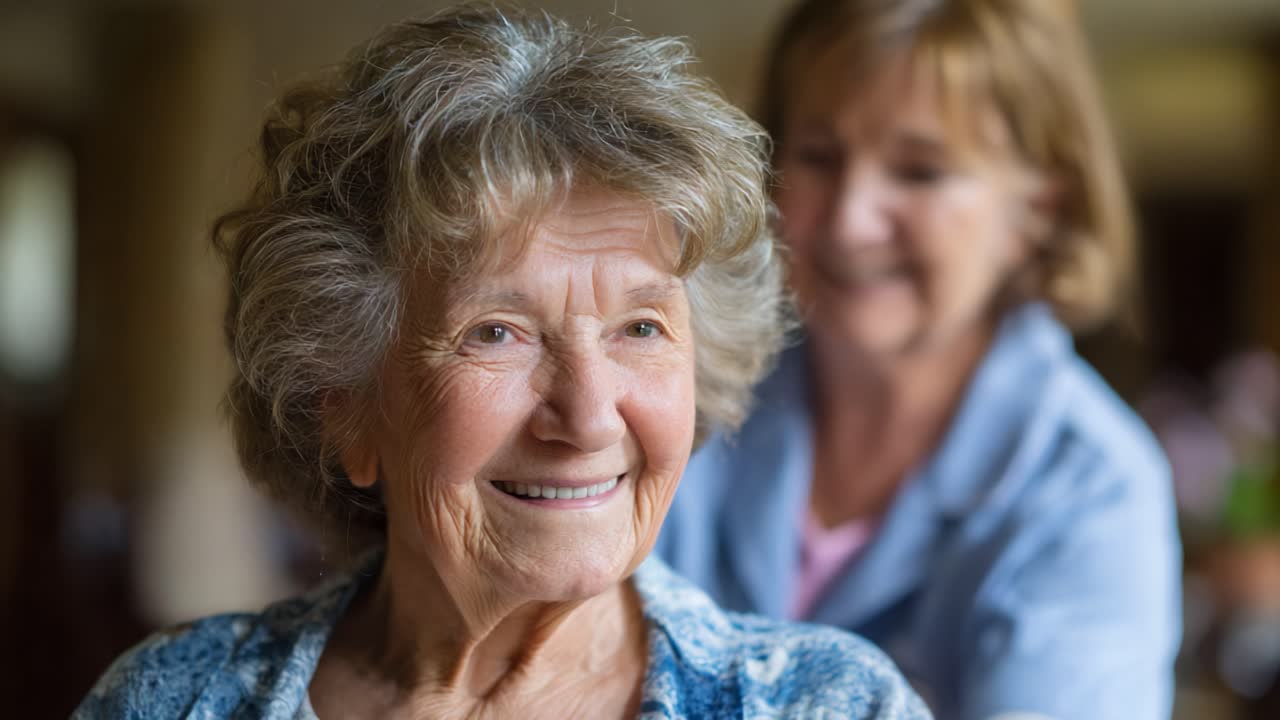 Heartwarming Moments of Compassion: A Caregiver Assisting an Elderly Woman with a Joyful Smile in a Cozy Setting, Reflecting Love and Friendship in Everyday Life