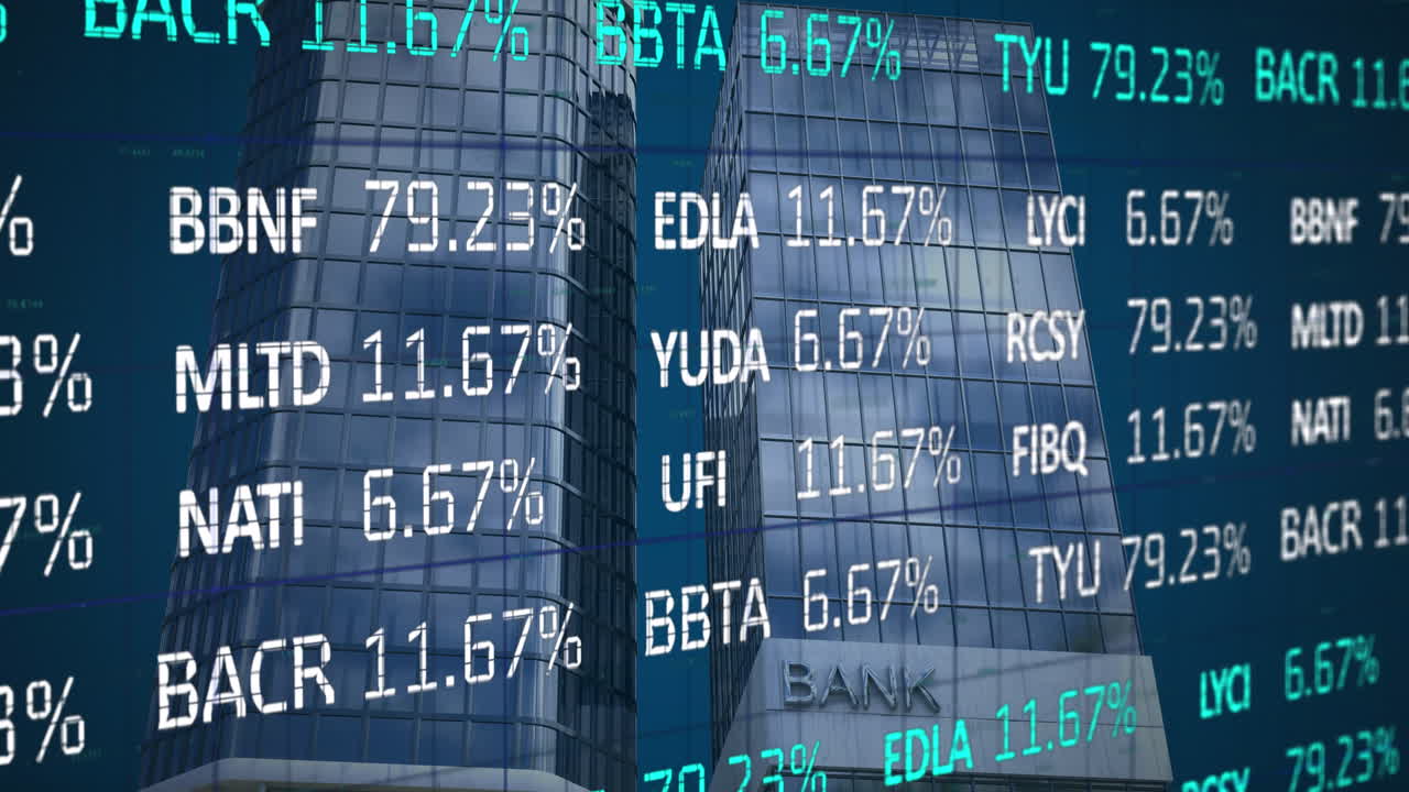 Animation of financial data processing over modern bank building