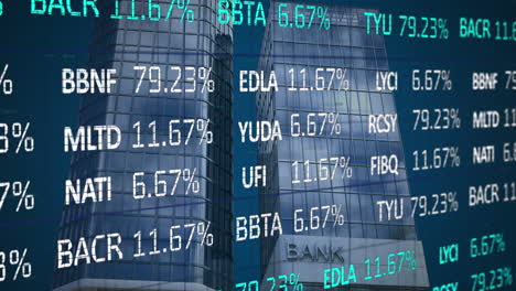 animation of financial data processing over modern bank building