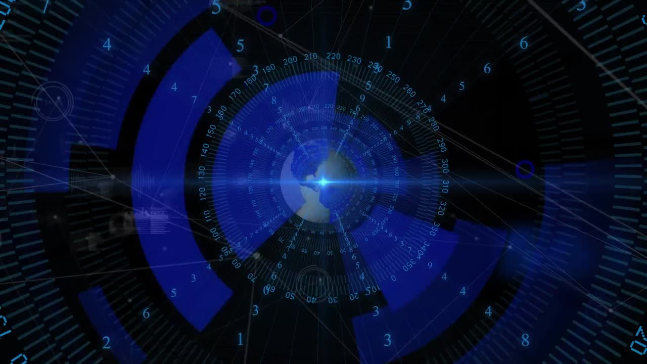 animación de escaneo de alcance y procesamiento de datos con globo sobre fondo negro