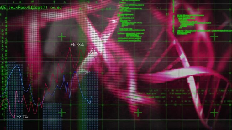 Animation of dna strands spinning and medical data processing