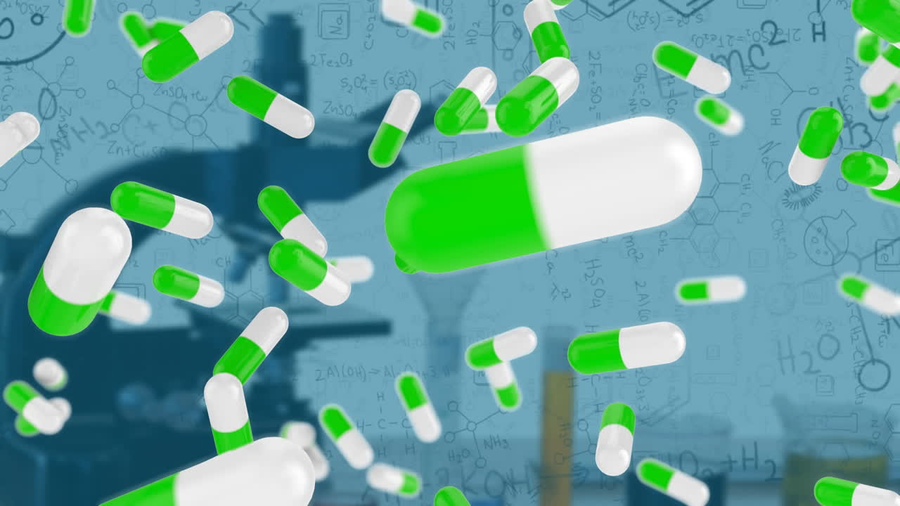 ⁇ 색 배경 에 있는 화학적 구조 에 대해 현미경 을 통해 떨어지는 여러 가지 의학적 알약