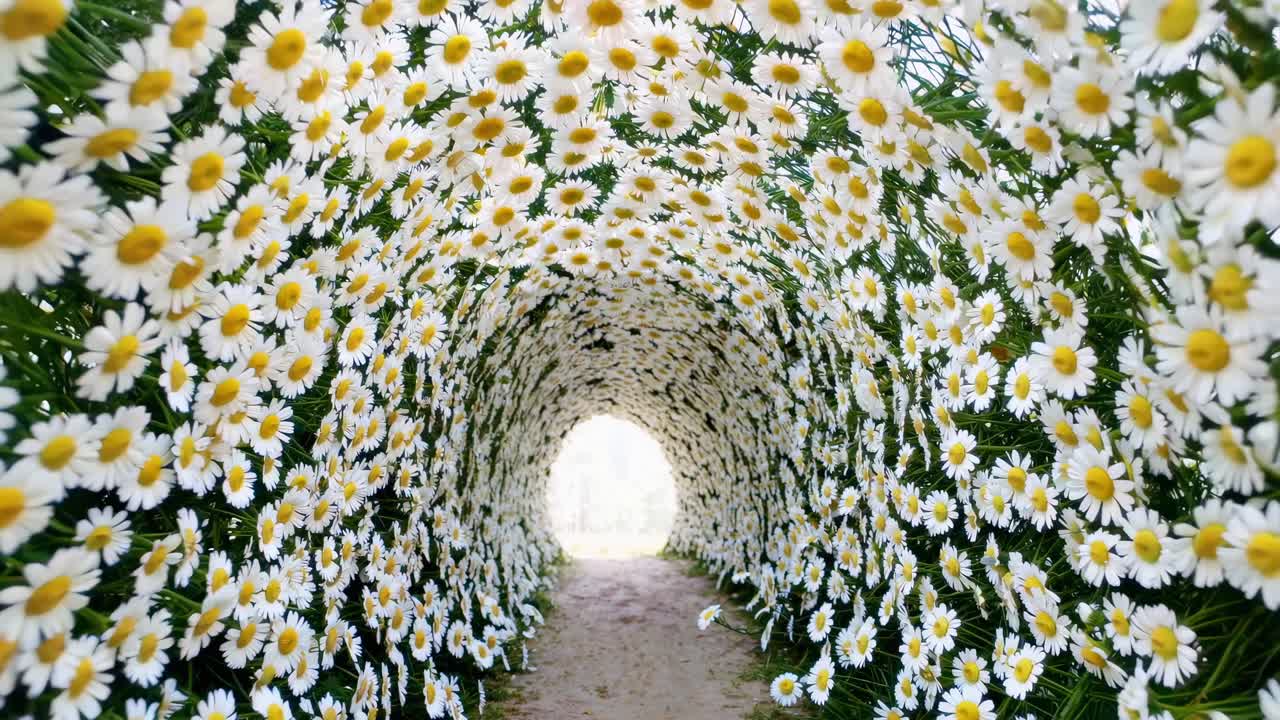 Pathway winding through a tunnel adorned with blooming daisies, offering an immersive and enchanting floral experience filled with vibrant colors and natural beauty