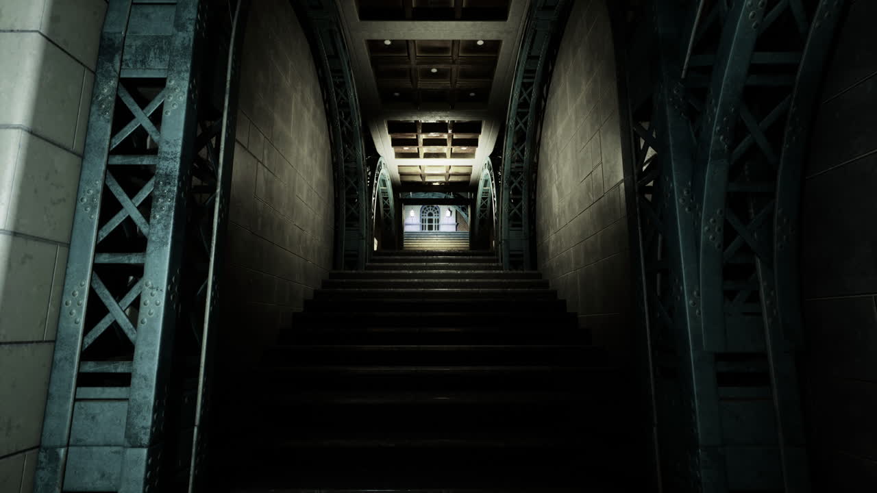 Escadaria misteriosa que leva a uma porta iluminada em um prédio histórico