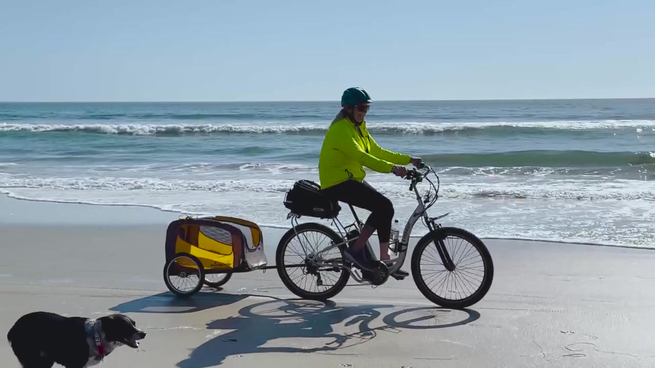 Donna bianca in bicicletta sulla spiaggia con un cane durante una bella giornata di sole