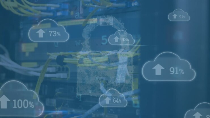 Animation of security padlock, cloud icons with increasing percentage against computer server