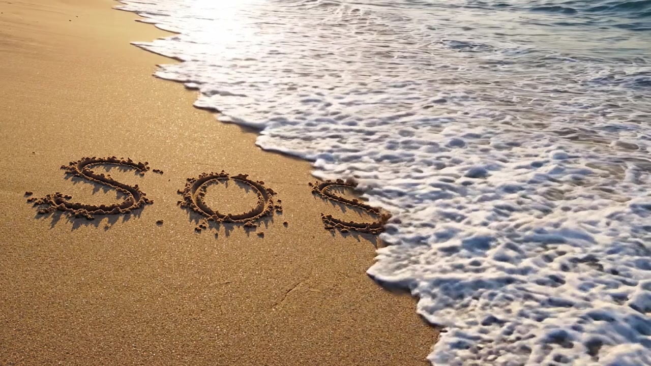 An Urgent Signal for Help: The Meaning of SOS Written in Sand on a Tranquil Beach with Gentle Waves Reflecting the Golden Sunset