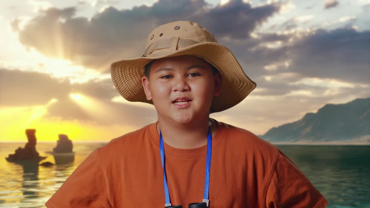 Asiatischer Junge mit Hut und Fernglas, der in die Kamera lächelt und die Arme in die Hüften stemmt, am Strand. Jungenforscher untersucht etwas, Reisetourismus-Abenteuer, Nahaufnahme
