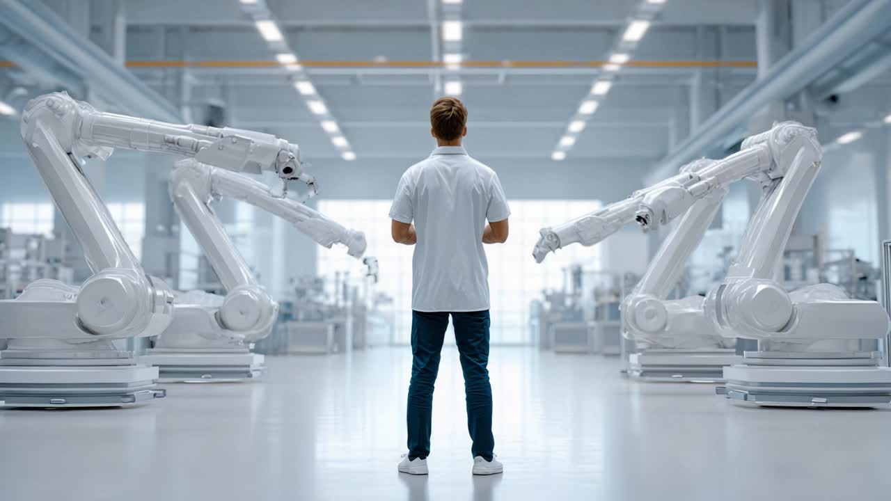 A person stands in a modern industrial facility surrounded by advanced robotic arms, showcasing the integration of automation and human oversight in manufacturing