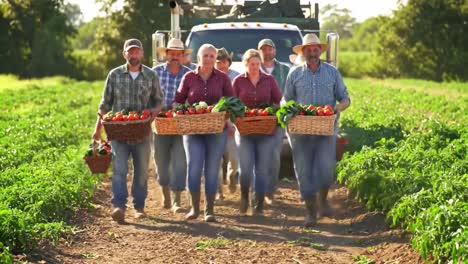 a group of farmers carrying freshly harvested produce, walking together through a lush green field toward their truck in bright sunshine