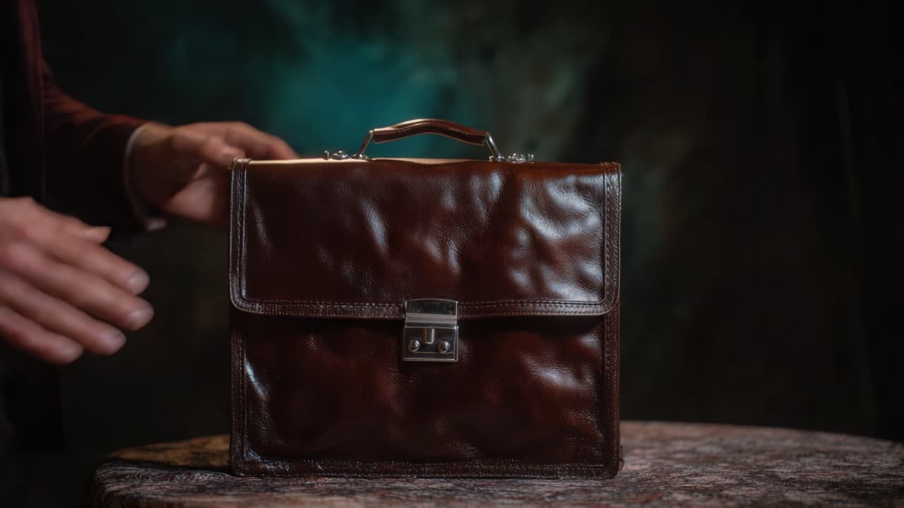 An Intense Exchange: Two Hands Pass a Leather Briefcase, Symbolizing Secrets and Important Decisions in a Dramatic Setting with a Mysterious Background