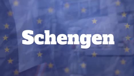 Gelbe-Sterne-Drehen-Sich-Um-Die-EU-Karte-Vor-Einem-Mann,-Der-Auf-Einem-Flughafen-Läuft