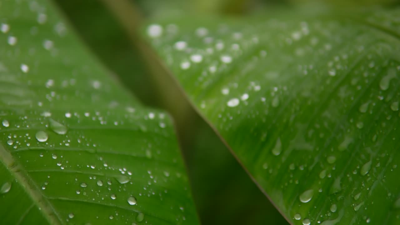 강우방울이 활기찬 초록색 잎에 혀 있습니다.