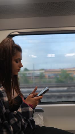 mujer usando un teléfono inteligente en un tren