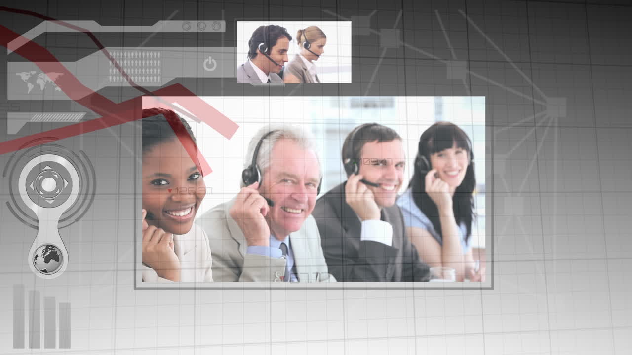 animación del procesamiento de datos financieros sobre diversas personas de negocios que usan auriculares telefónicos