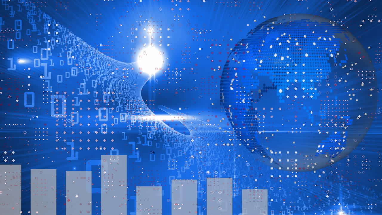 파란색 배경에 연결 네트워크와 데이터 처리를 가진 지구의 애니메이션