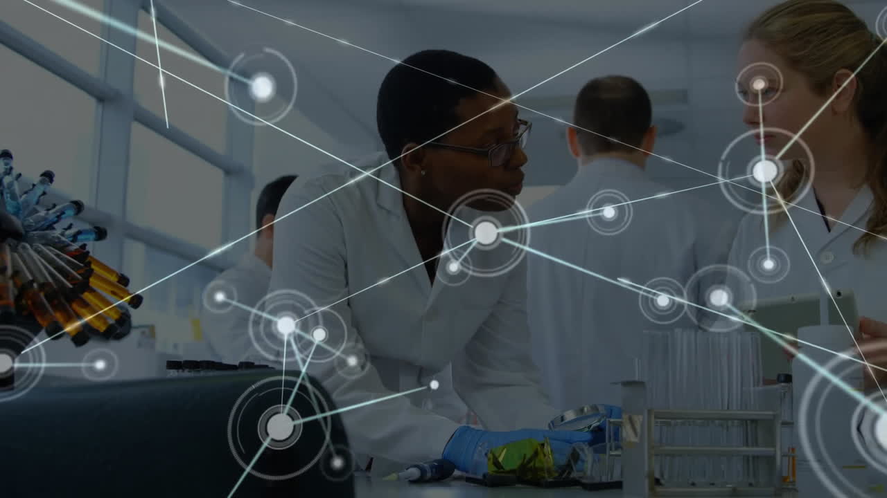 Animation of network of connections over diverse female scientists taking sample in lab