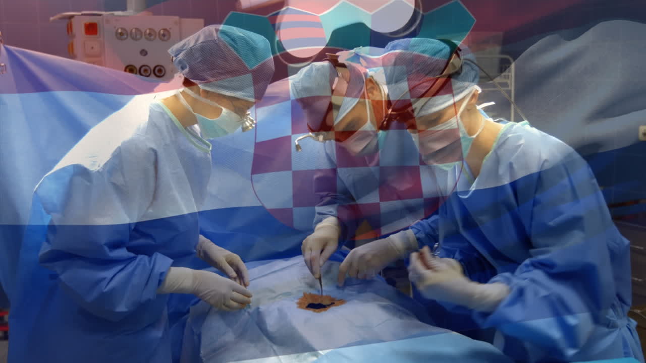 수술실에서 외과 의사 들 위 에 크로아티아 의  ⁇ 발 이 흔들리는 애니메이션