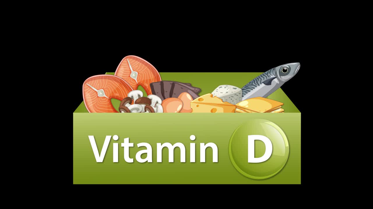 Siyah arka plan üzerinde, çeşitli D vitamini açısından zengin gıdalar etiketli yeşil kutuya doğru yumuşak bir şekilde yükseliyor