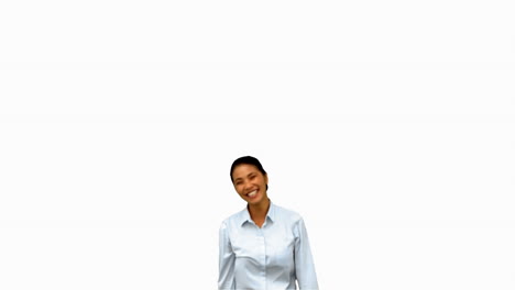 Cheerful-businesswoman-raising-arms-on-white-screen