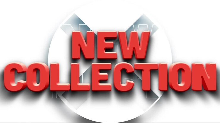 Animatie van de tekst 'nieuwe collectie' boven een bewegende witte cirkel