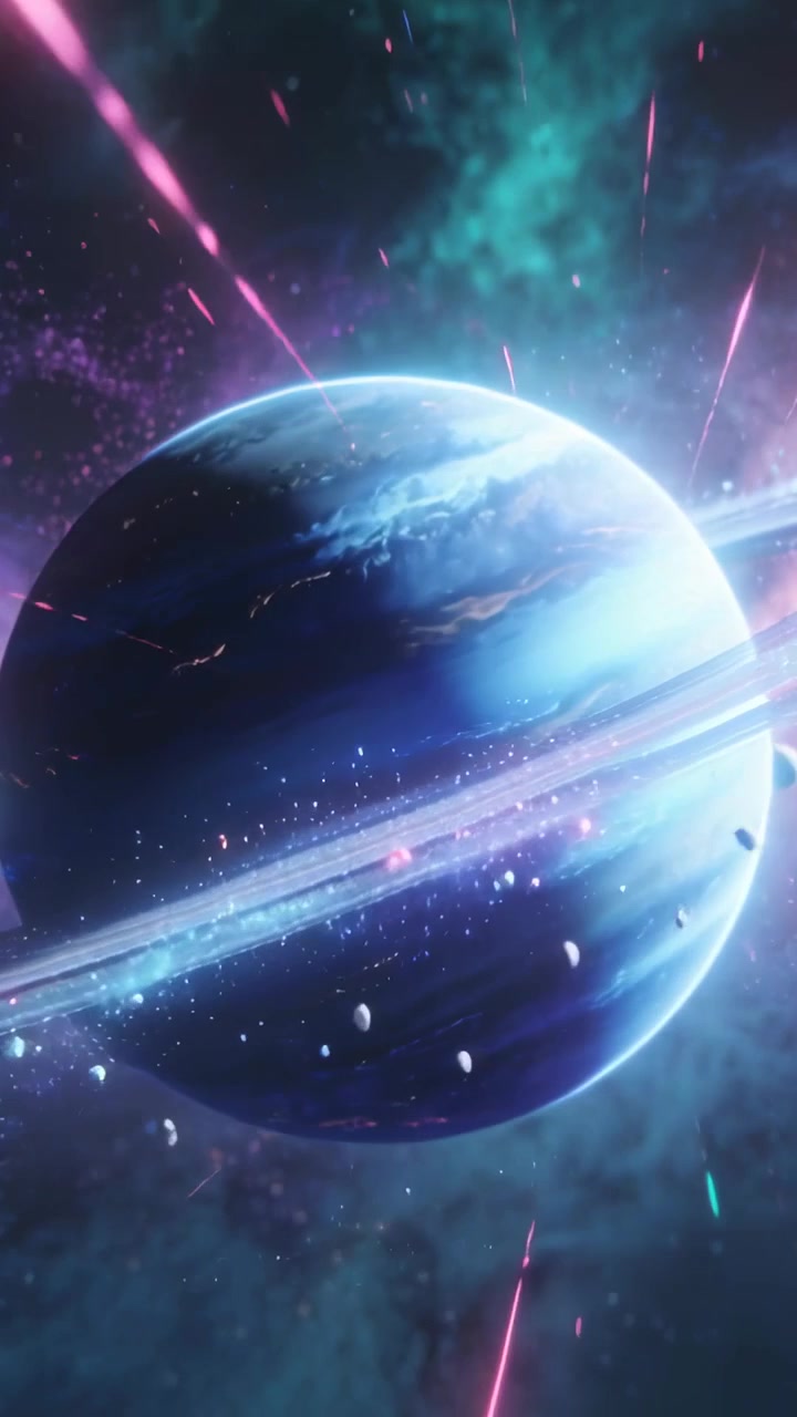 Vertical video: Glinting ringed blue gas-giant rotating in space, magenta streaks spawning debris