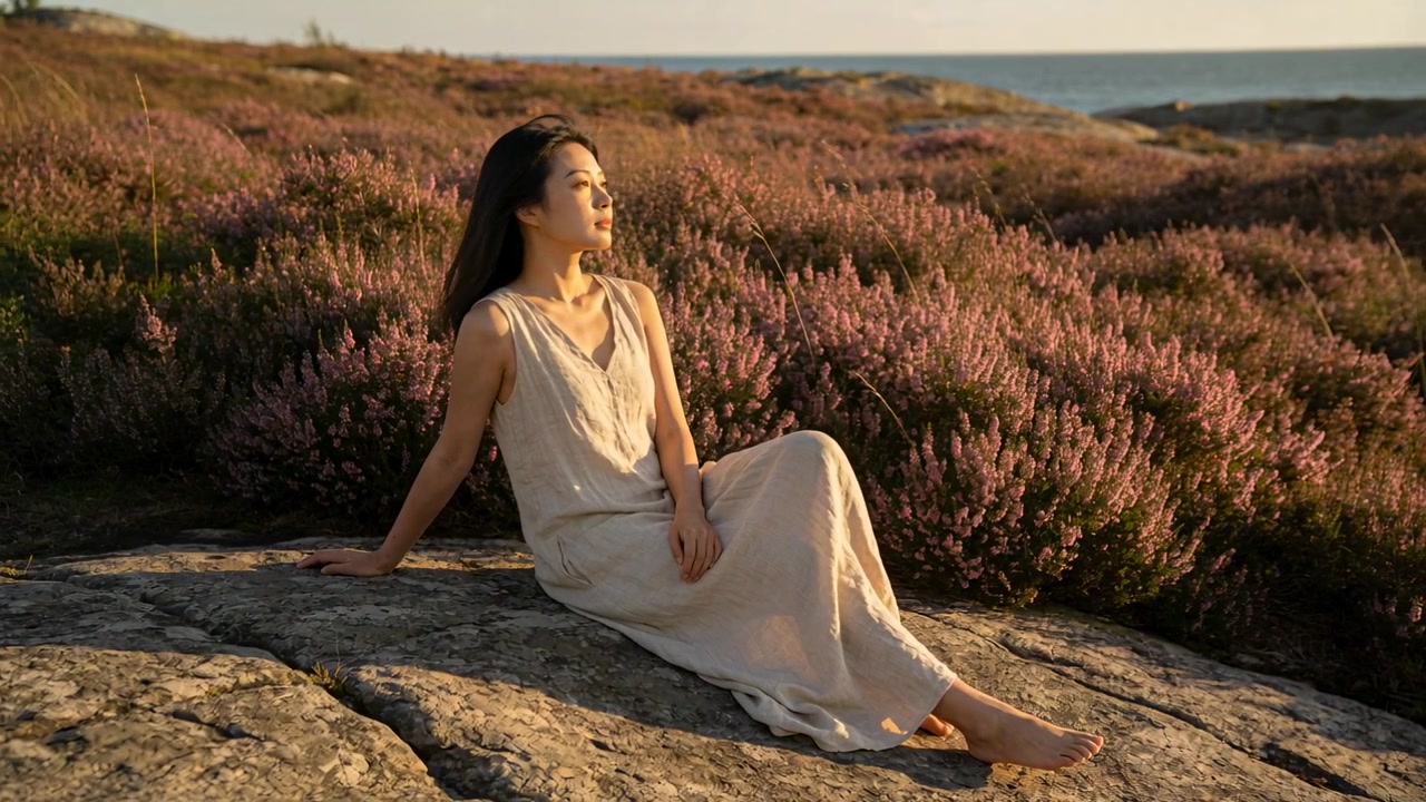 Luce calda che illumina una donna in prendisole a piedi nudi che alza il mento verso il mare su una roccia, erica viola