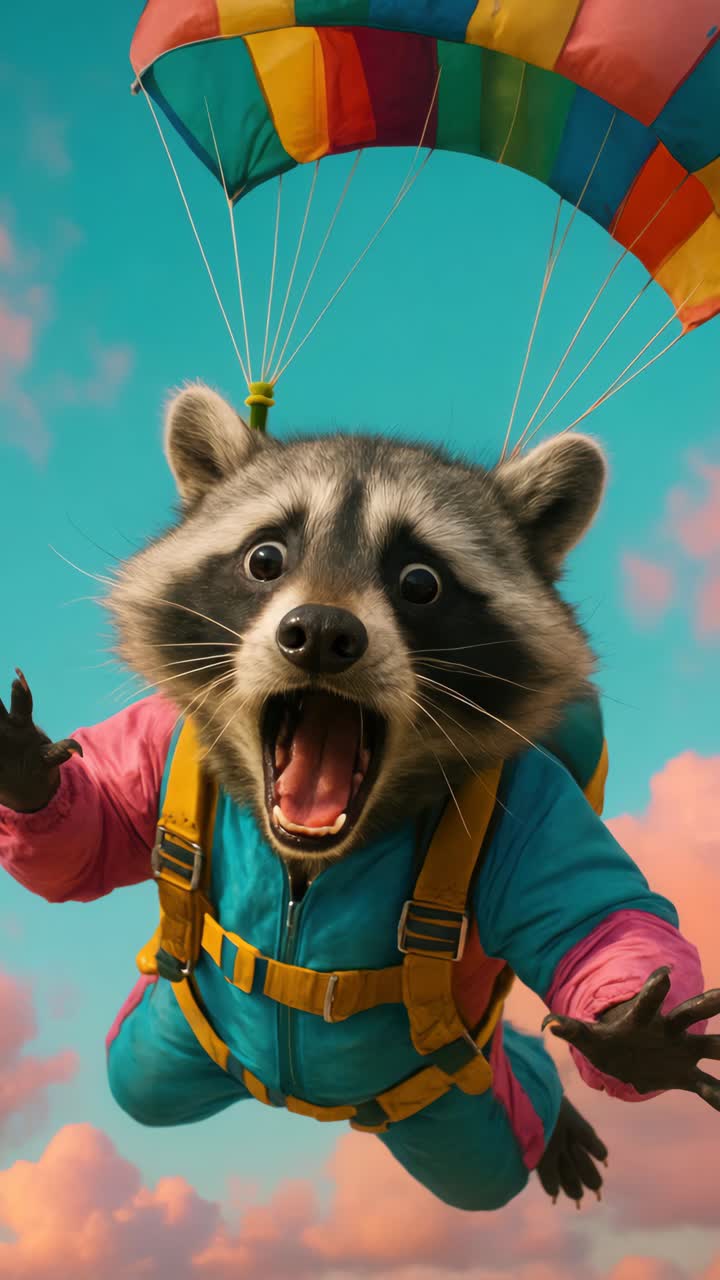A dynamic, low-angle shot of a raccoon skydiving with a colorful parachute