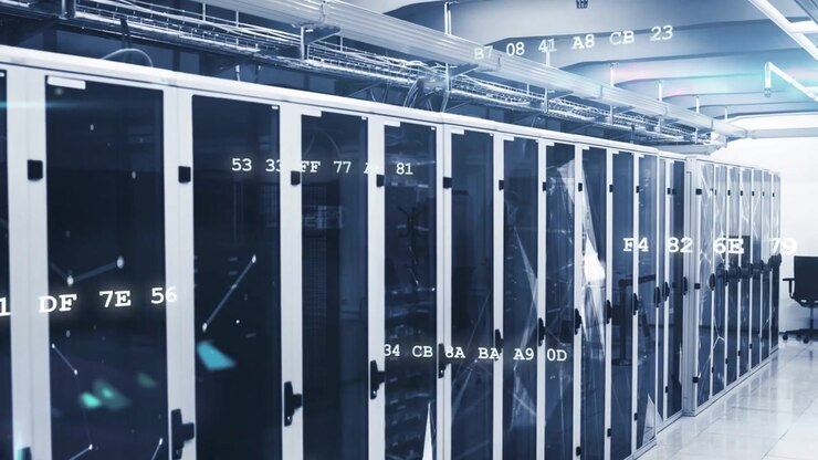 Server racks are being shown in 3D render data center, with animated code overlays