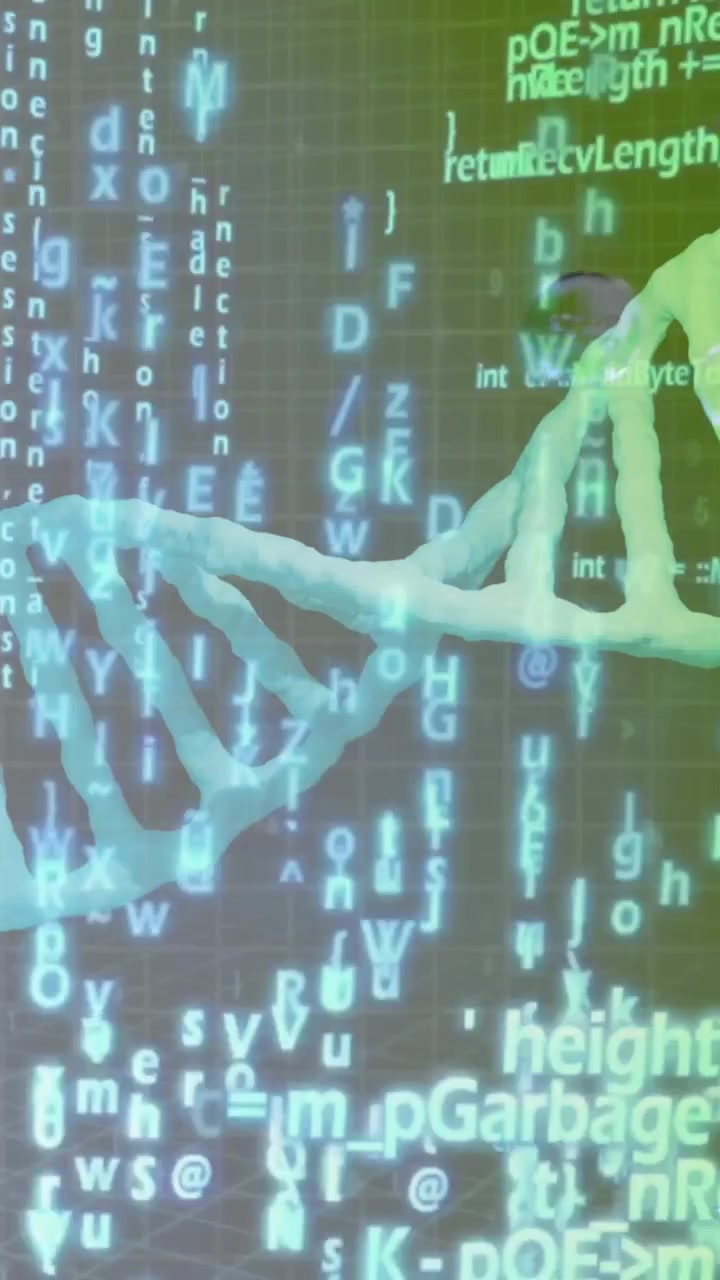 Animation of data processing over bubbles and dna strand on green background
