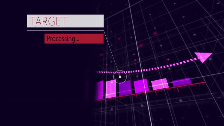 Animación de texto de procesamiento de objetivos y procesamiento de datos financieros en un fondo negro.