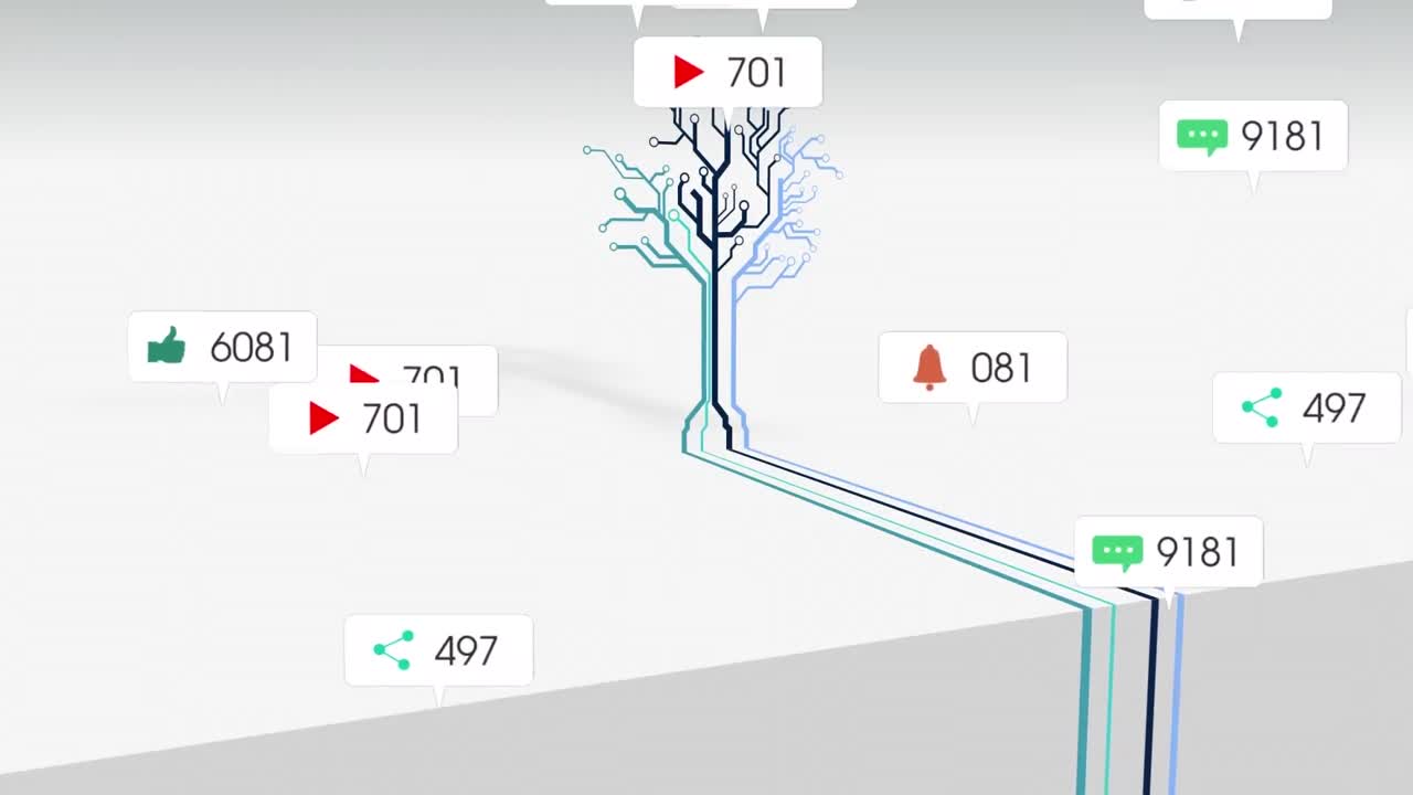 animación de iconos y números de redes sociales sobre el árbol