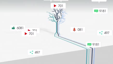 animation of social media icons and numbers over tree