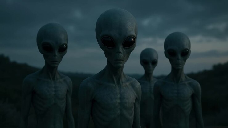 Eerie video still of four aliens under a dusky sky