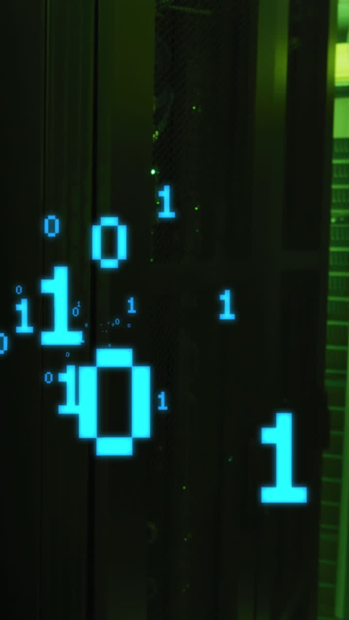 Animation of binary coding over server room