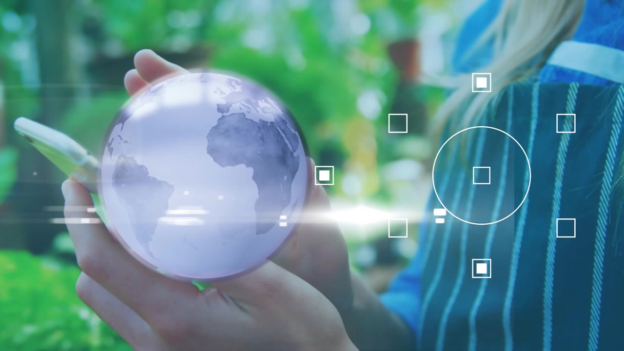 Animazione di globo ed elaborazione dati su persone che si stringono la mano