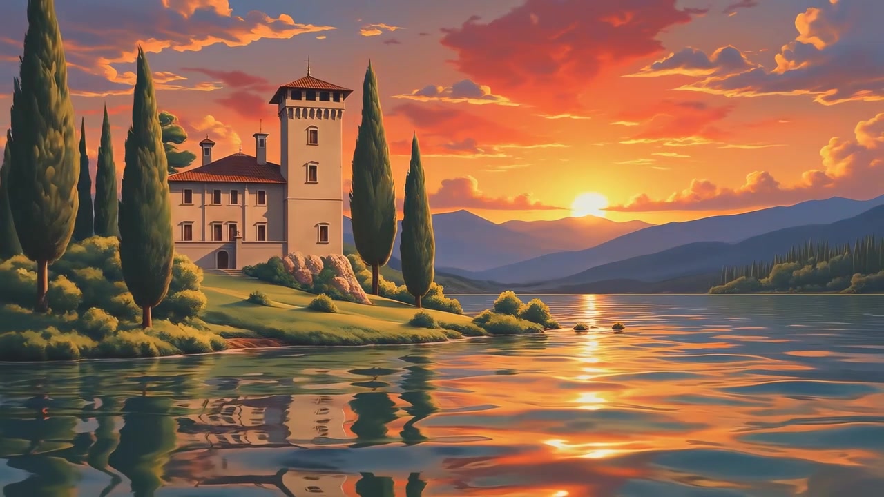 Villa pittoresque au bord du lac au coucher du soleil avec des cyprès