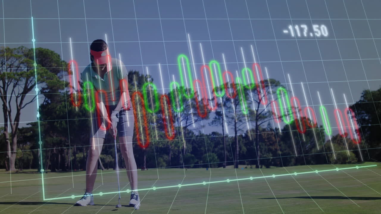 Female golfer preparing to putt on putting green, overlaying animated financial candlestick chart