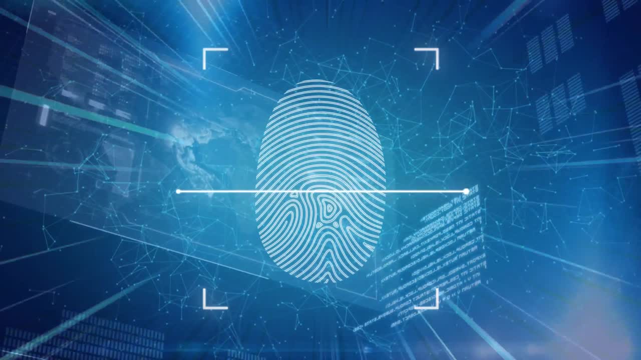 Animation of biometric fingerprint being scanned, network of connections and data processing