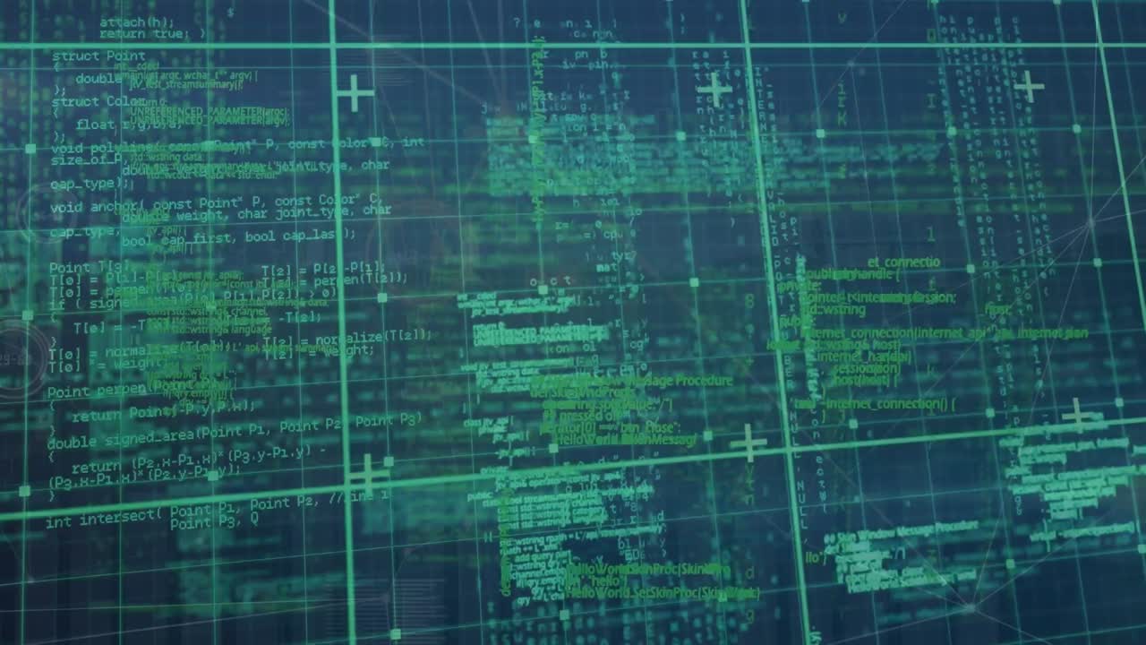 Animation of data processing with connecting dots, hud elements on digital interface