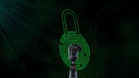 Robotic-hand-spinning-over-security-padlock-icon-against-black-background