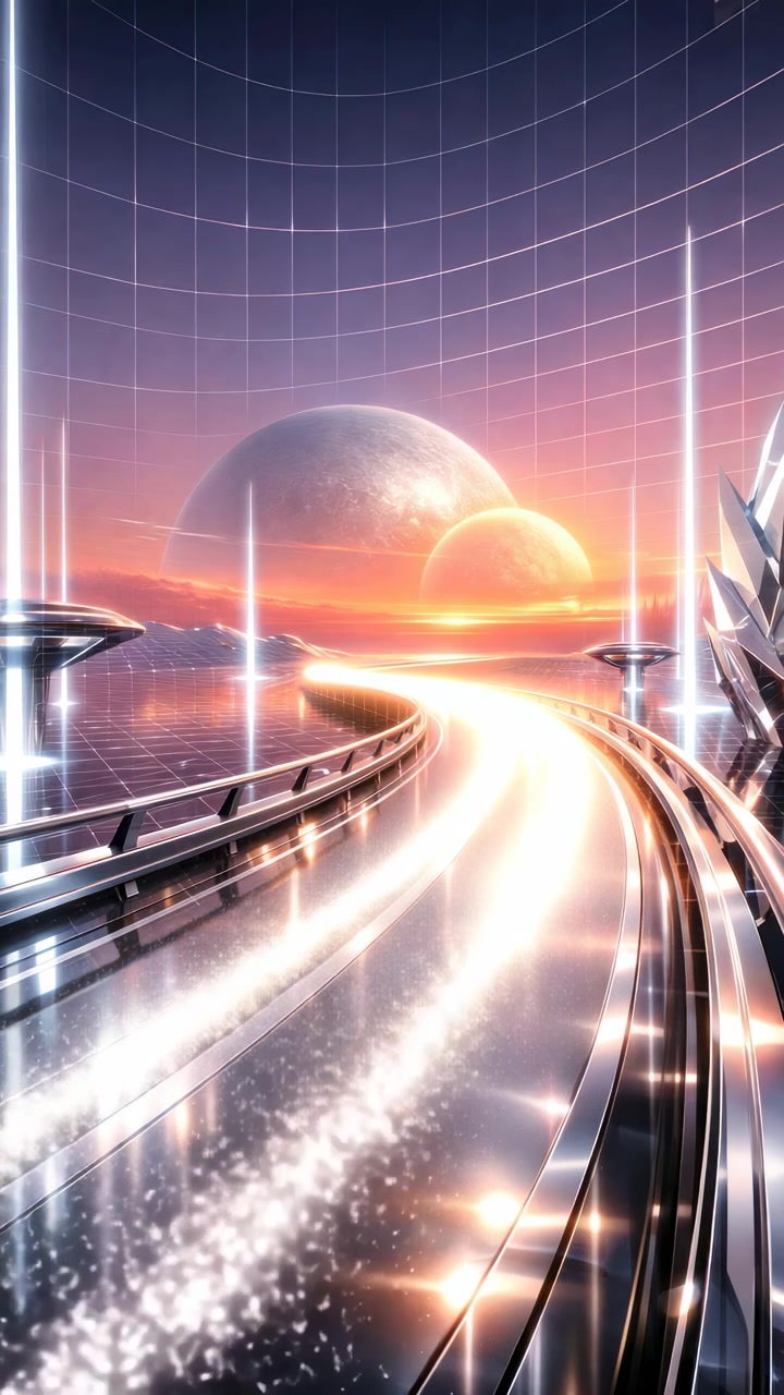 Futuristic Digital Highway with Glowing Light Streaks Towards Planets at Sunset