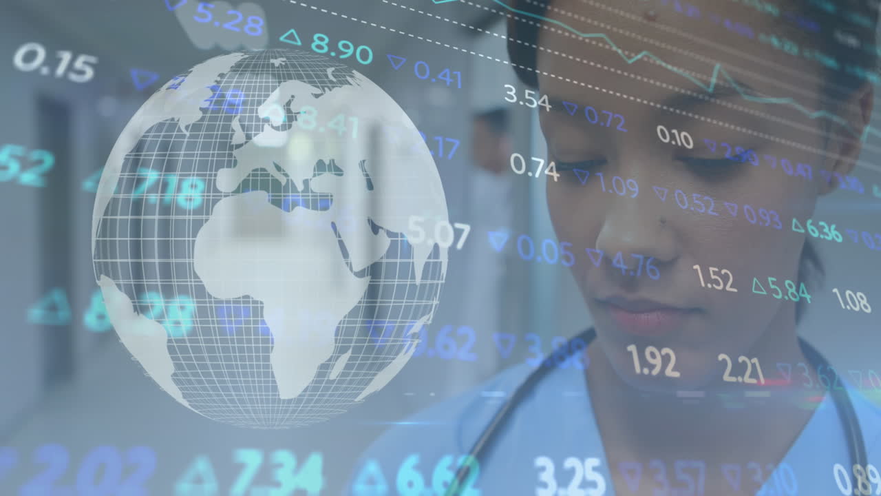 Animation of data processing and globe over female doctor with stethoscope