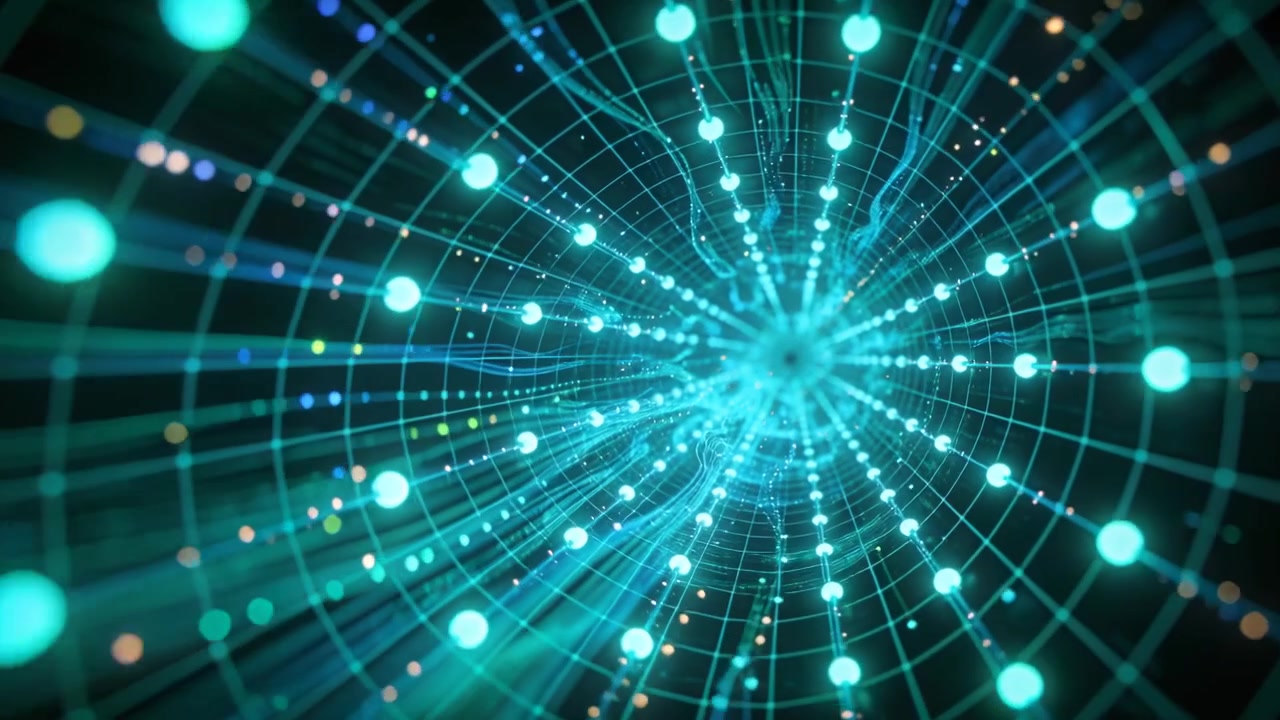 Starting playback turquoise tunnel moving toward bright core in dark void, pulsing nodes
