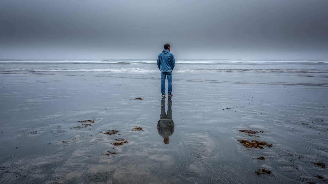 Uma Figura Solitária Está à Beira do Oceano, Contemplando o Horizonte Nevoado, Refletindo Sobre a Vida e a Beleza da Natureza em Meio à Calma do Mar.