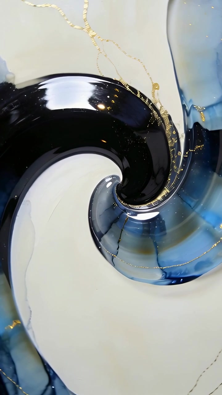 Vertical video: Moving camera circling glossy black-blue swirl on cream panel, capturing gold veins